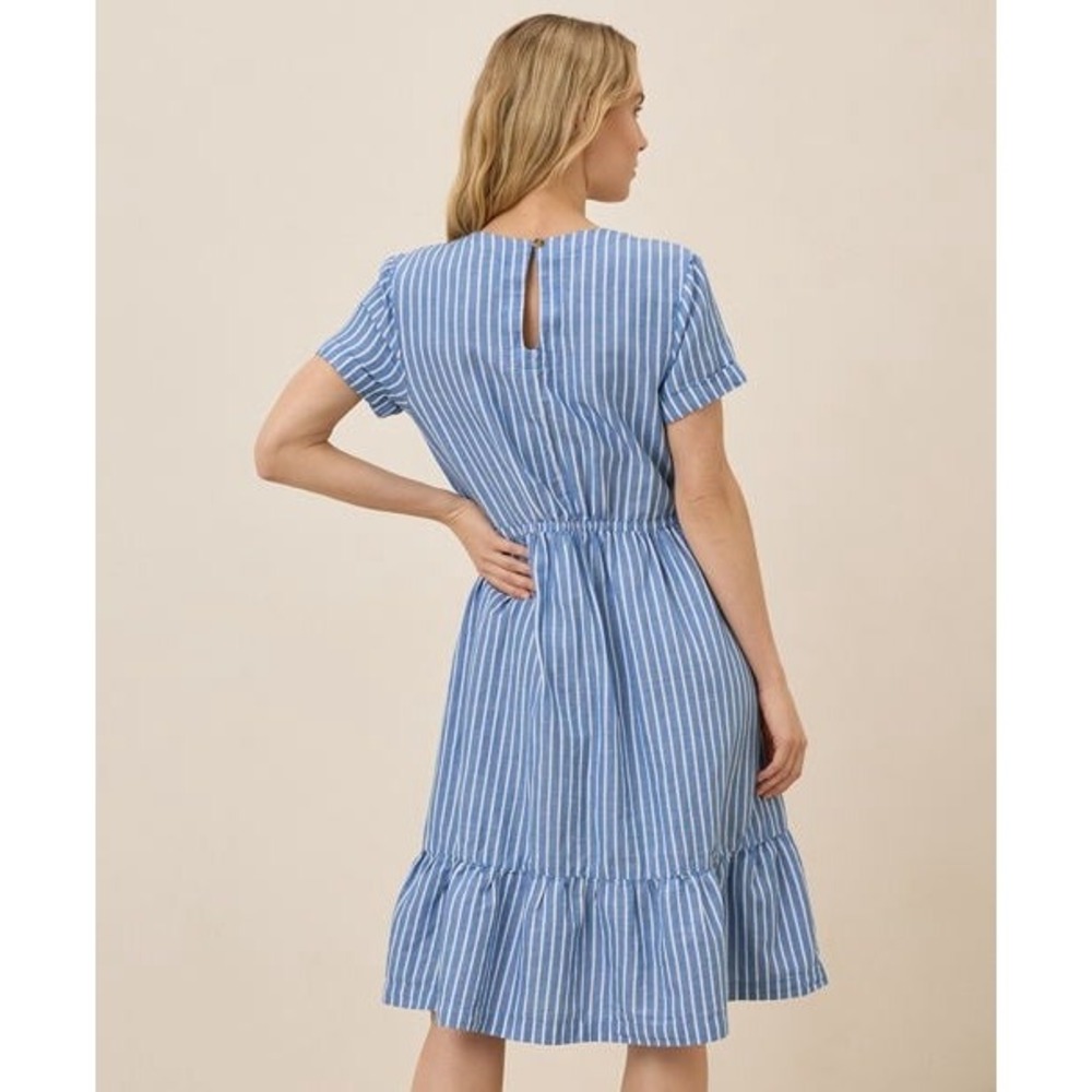 Pact Canopy Linen Blend Notch Neck Striped Midi Dress Blue White L NWOT - Picture 4 of 7